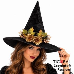 SOMBRERO BRUJA NEGRO CON FLORES ORO